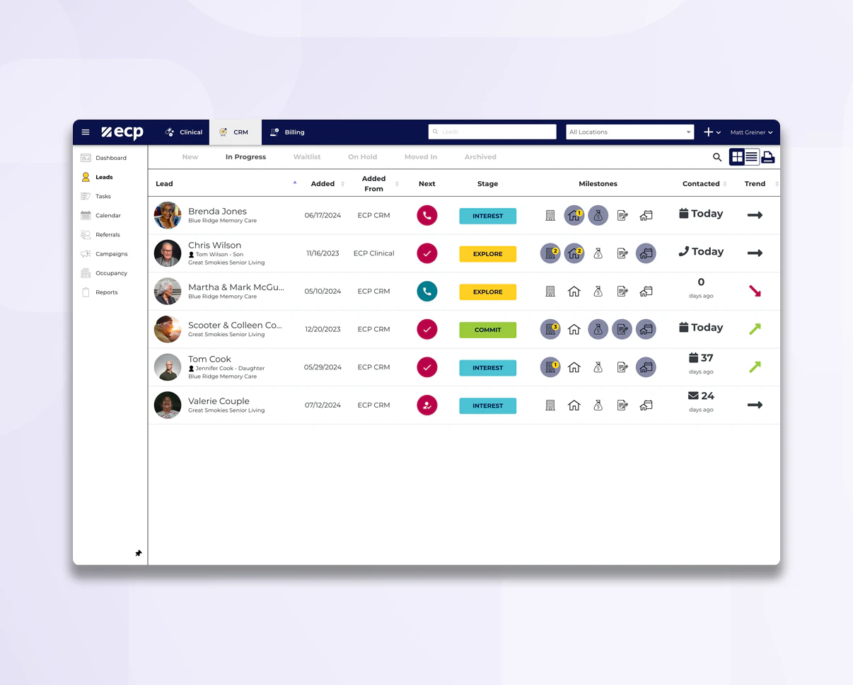 screenshot of ECP CRM